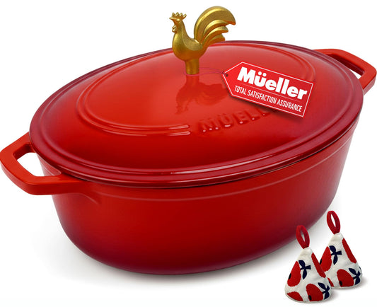 5.5 Quart Enameled Cast Iron Oval Dutch Oven w Rooster Knob & Cotton Potholders