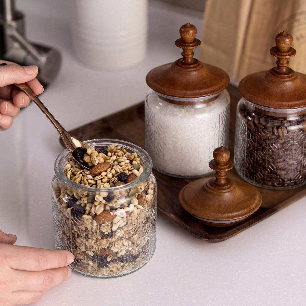 6 Pack 17 oz Glass Spice Jars with Dark Wood Lids Vintage Canisters with Flower Pattern Airtight Food Storage Container for Home Kitchen Tea Coffee Spice Pantry Organization Decorations (6 Count)
