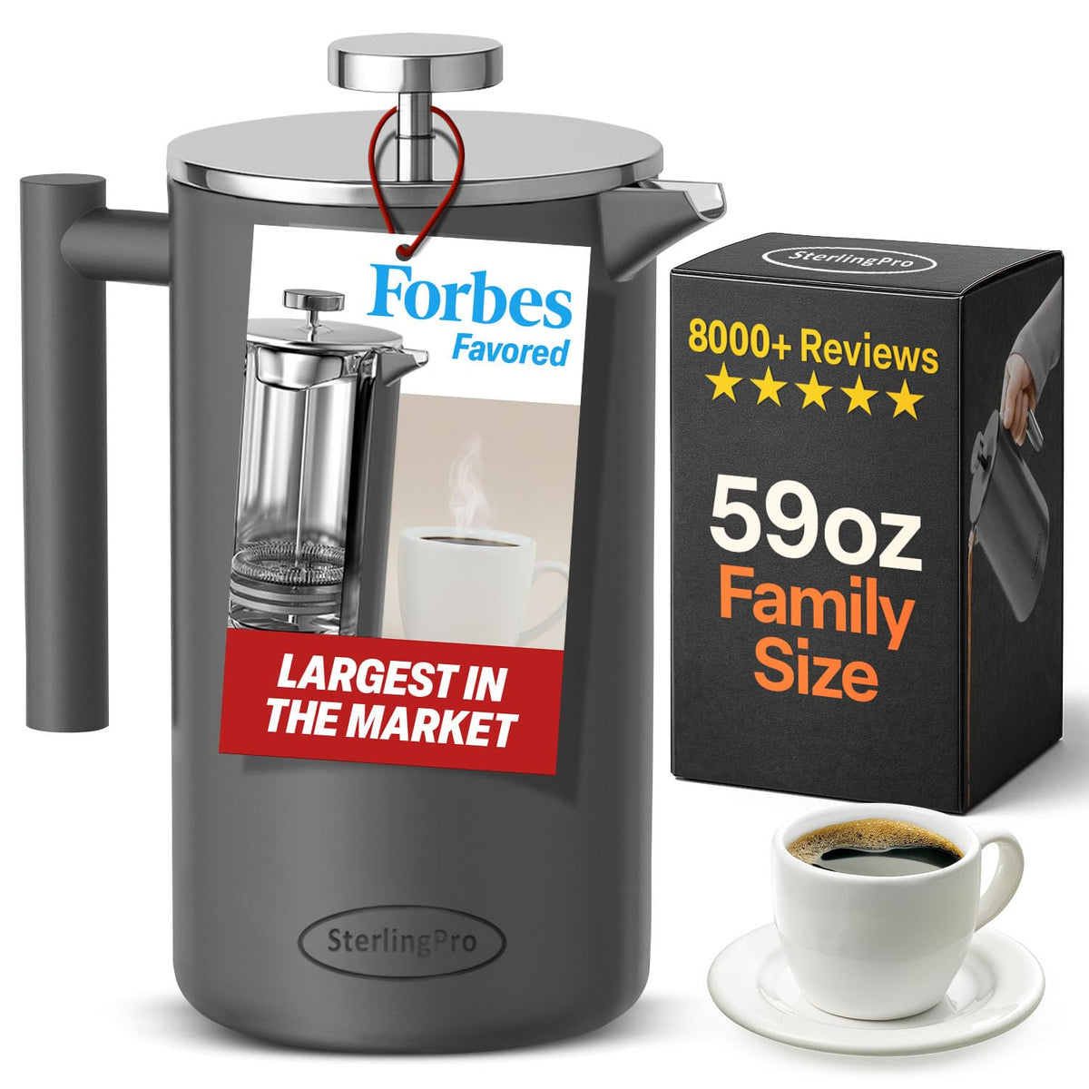 Non Toxic Extra Large Insulated Stainless Steel French Press Coffee Maker 59oz