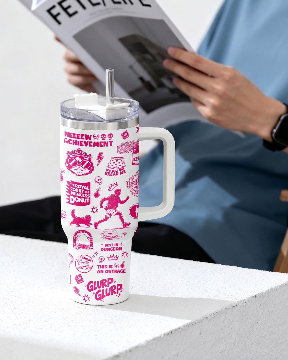 Funny Gamer 40oz Tumbler with Handle Straw Lid Dungeon Cat Dinosaur Meme Insulated Stainless Steel Travel Mug Gifts for Women Men Book Lover Gift