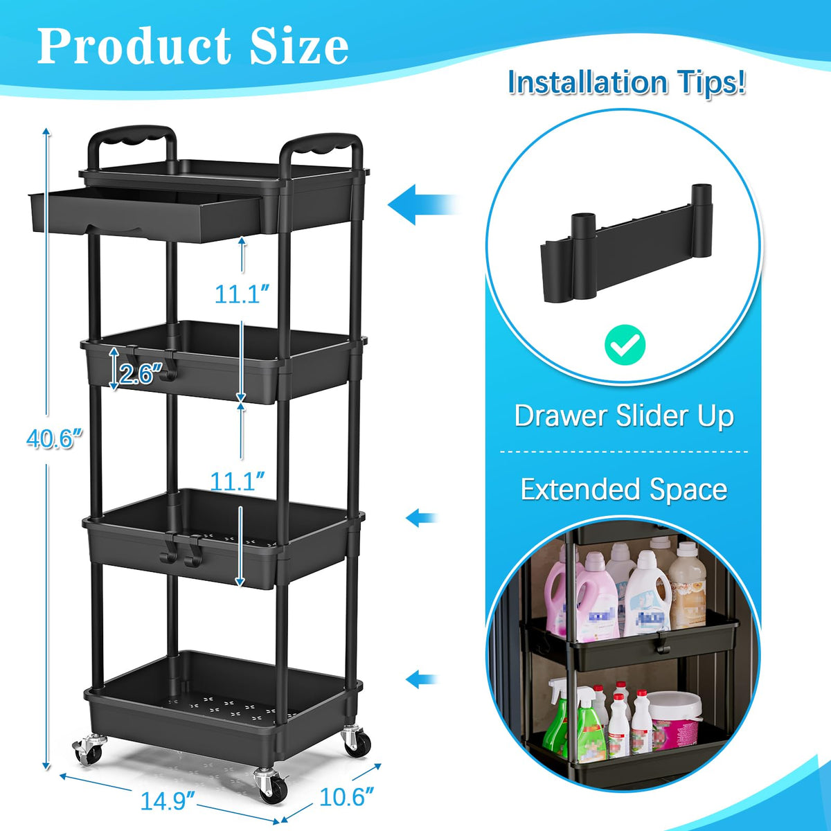 4 Tier Rolling Cart with Drawer