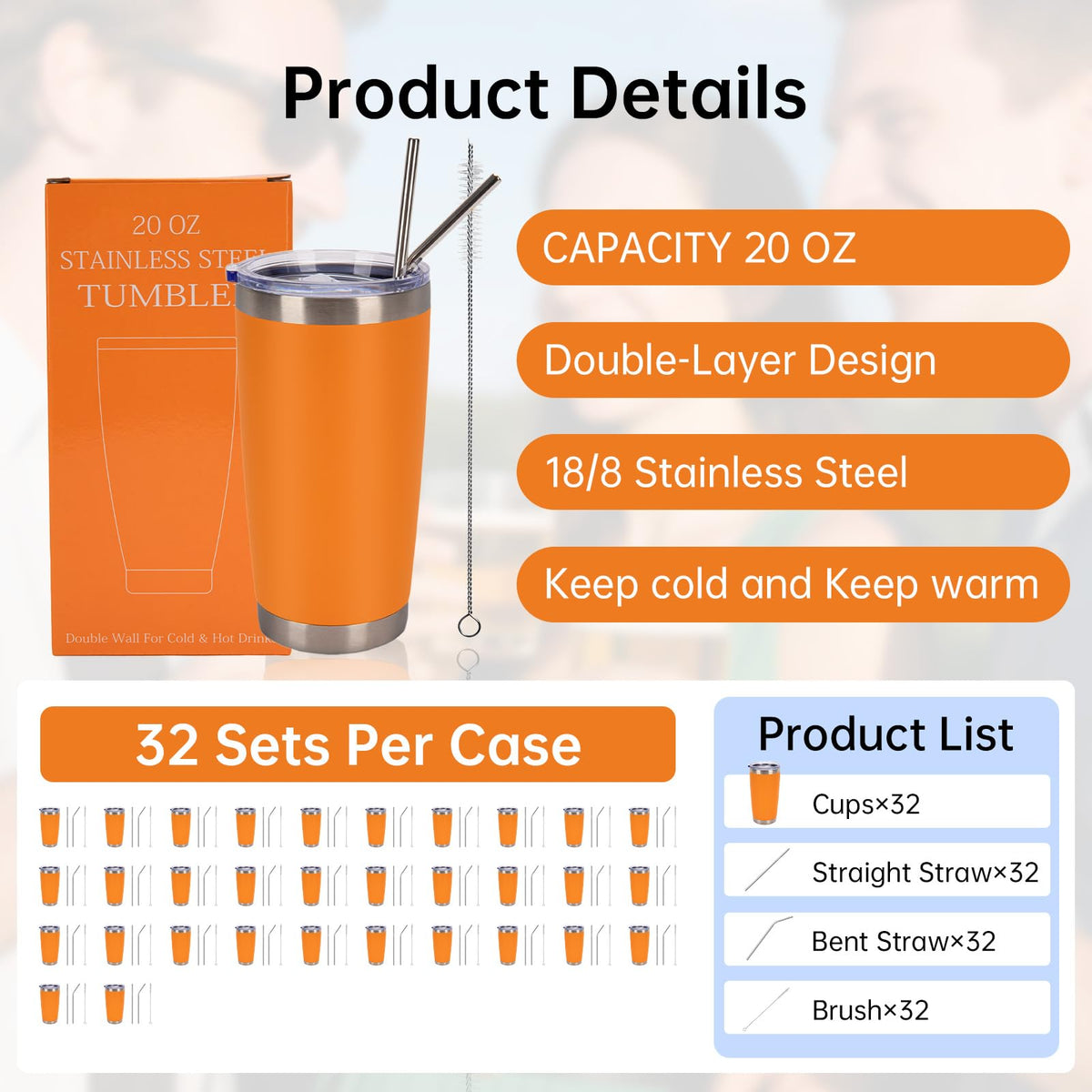 32 Pack 20oz Stainless Steel Insulated Bulk Tumblers with Lid&Straw (32 Count)