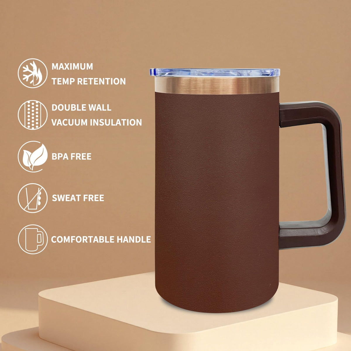 22oz Insulated Coffee Mug Bulk with Handle and Lid Brown