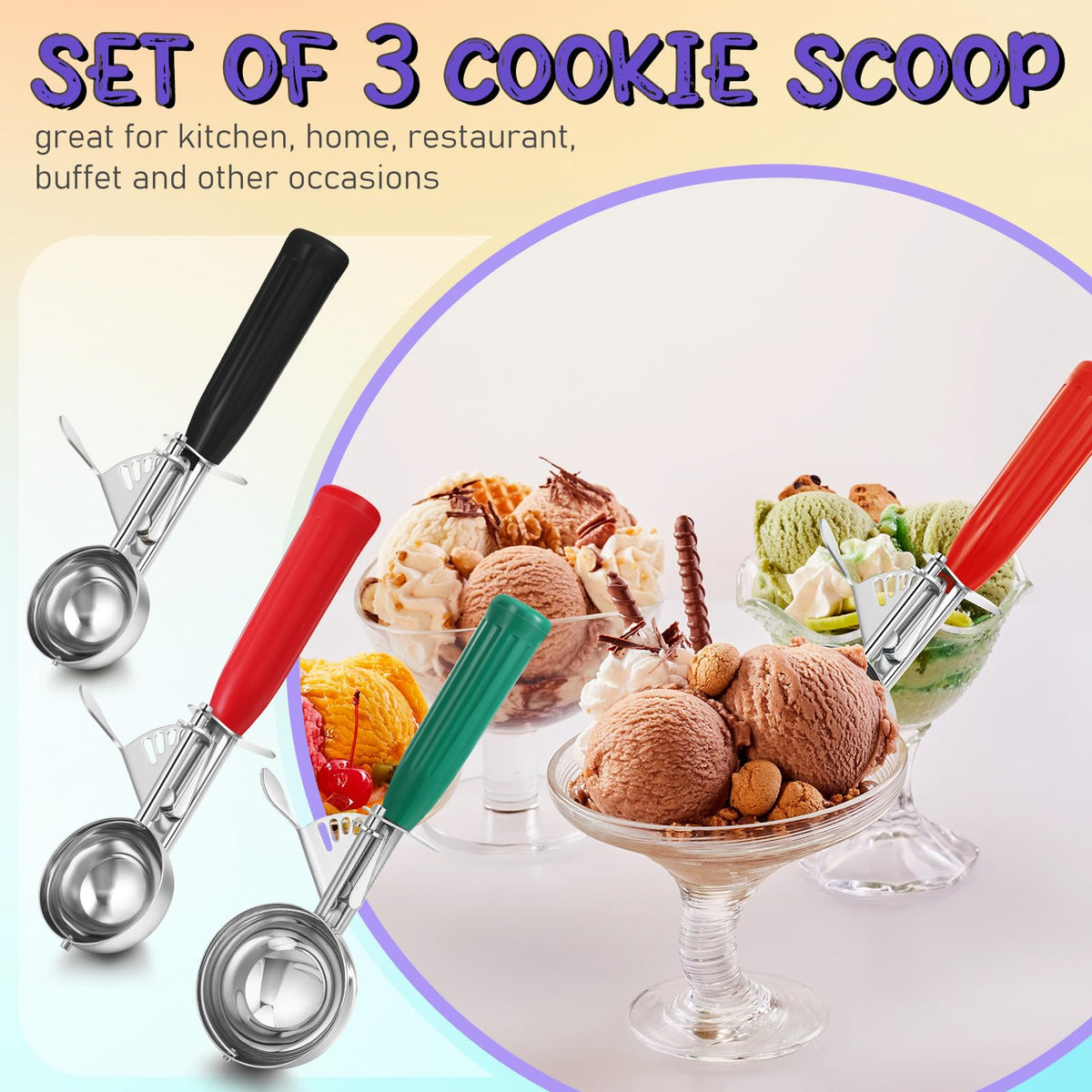 3 Pcs Release Cookie Scoops Ice Cream Scooper with Trigger Release Portion Scoop Stainless Steel for Portion Control (3 Count)