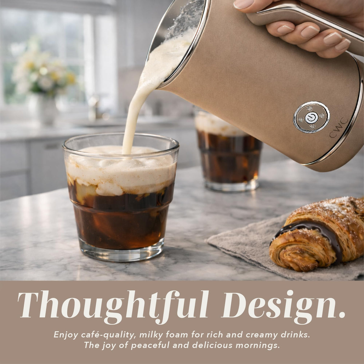 4-in-1 Electric Milk Steamer and Frother - 2-Minute Heating and Frothing, Hot and Cold Foam Maker for Coffee, Latte, Cappuccino, Macchiato, Milk Warmer, Auto Shut Off, Sand