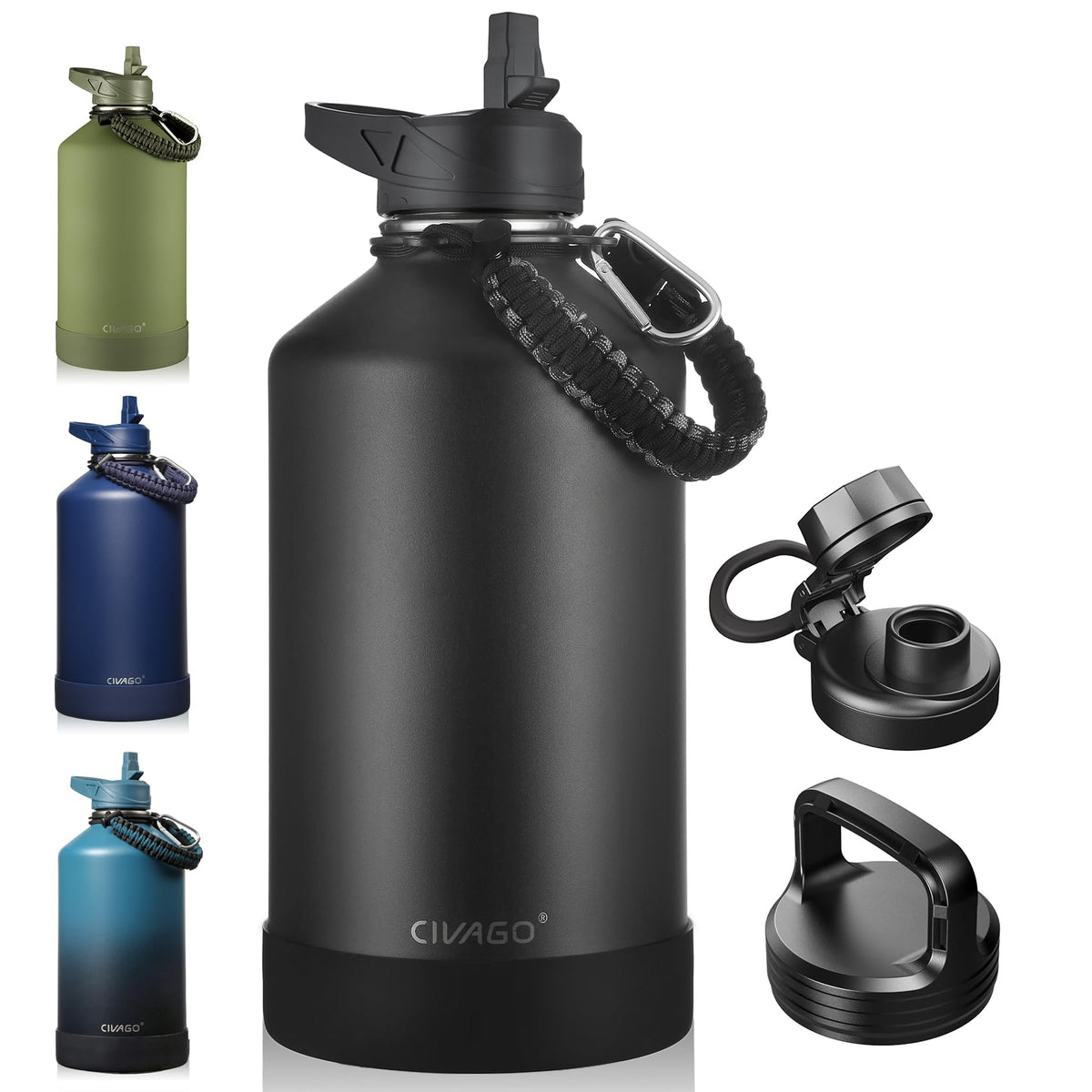 Gallon Insulated Stainless Steel Water Bottle With Straw and 3 Lids