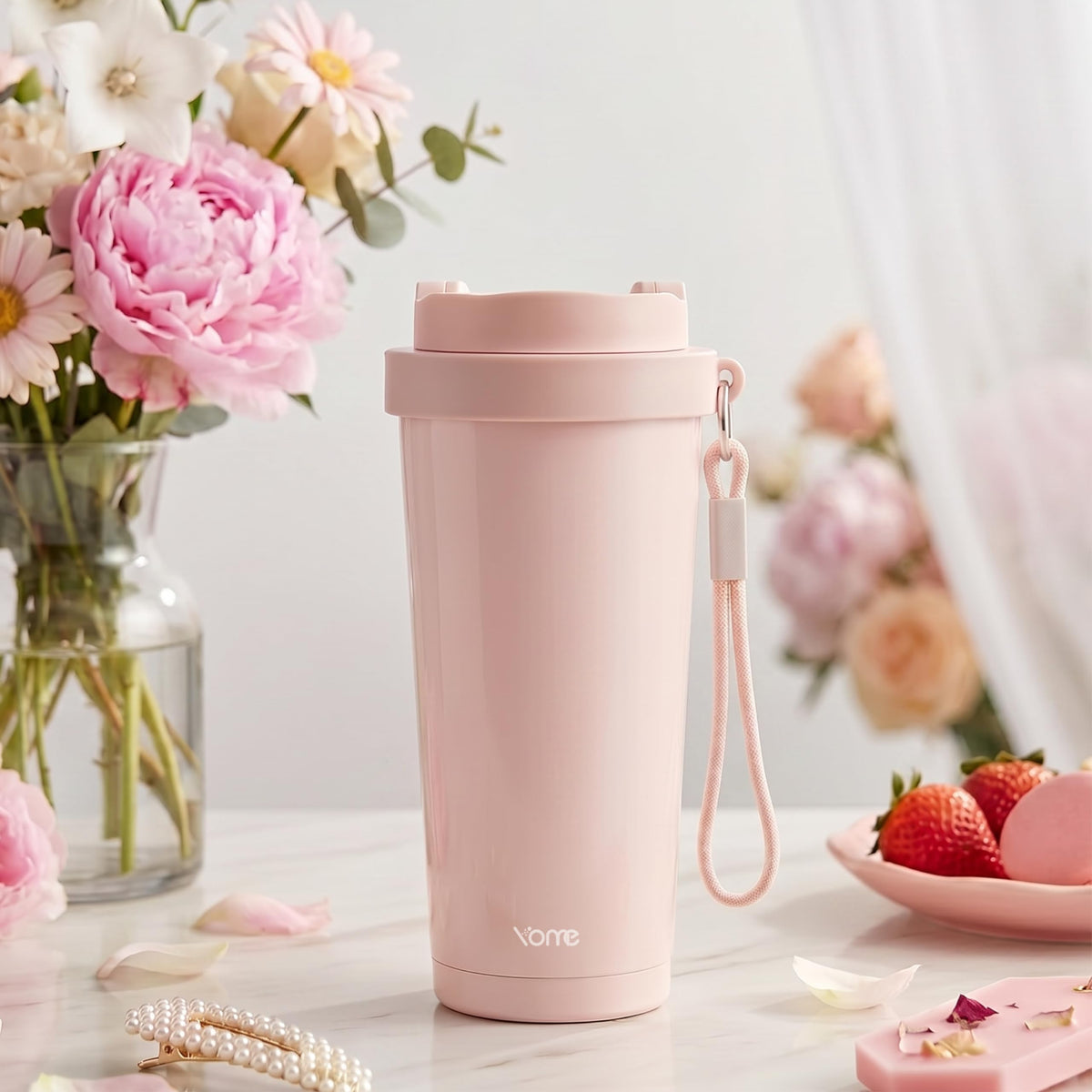 17oz Light Pink Ceramic Lined Insulated Travel Coffee Mug with Infuser for Women
