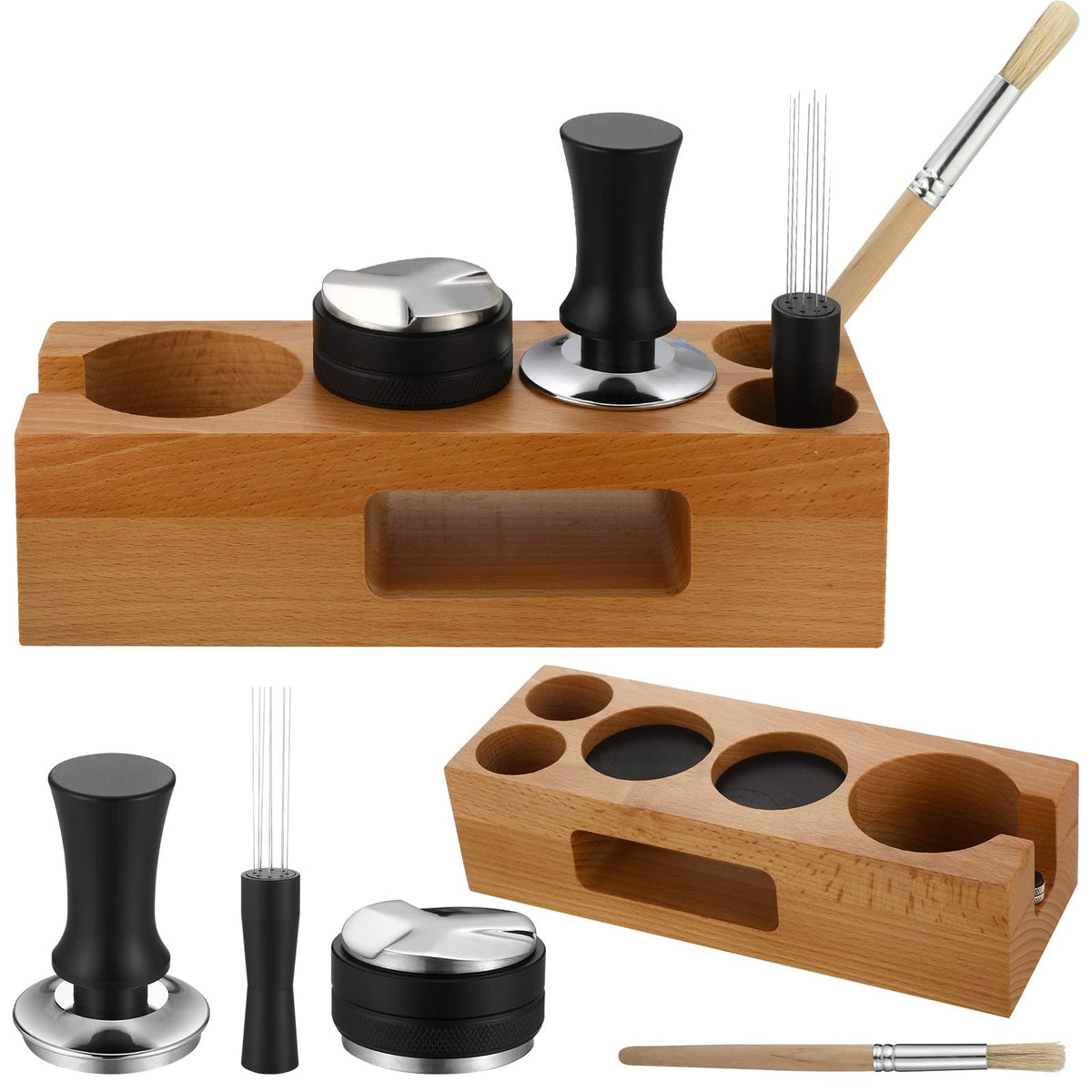 5 Pack 54 mm Espresso Accessories Kit Wooden Tamper Station Coffee Distributor Stirrer Tamping Mat with Brush