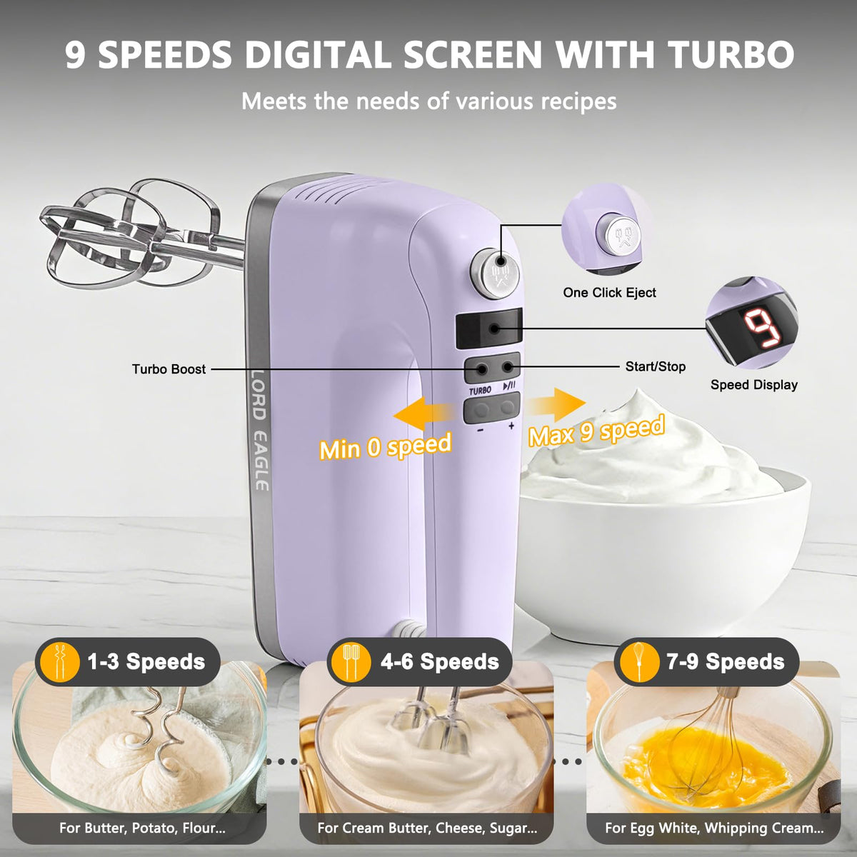 9 Speed Digital Hand Mixer Electric Handheld