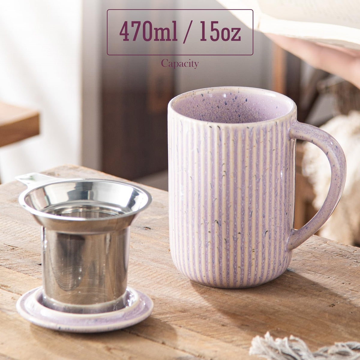 15.5oz 470ml Flambe Purple Ceramics Teacups with Infuser and Lid