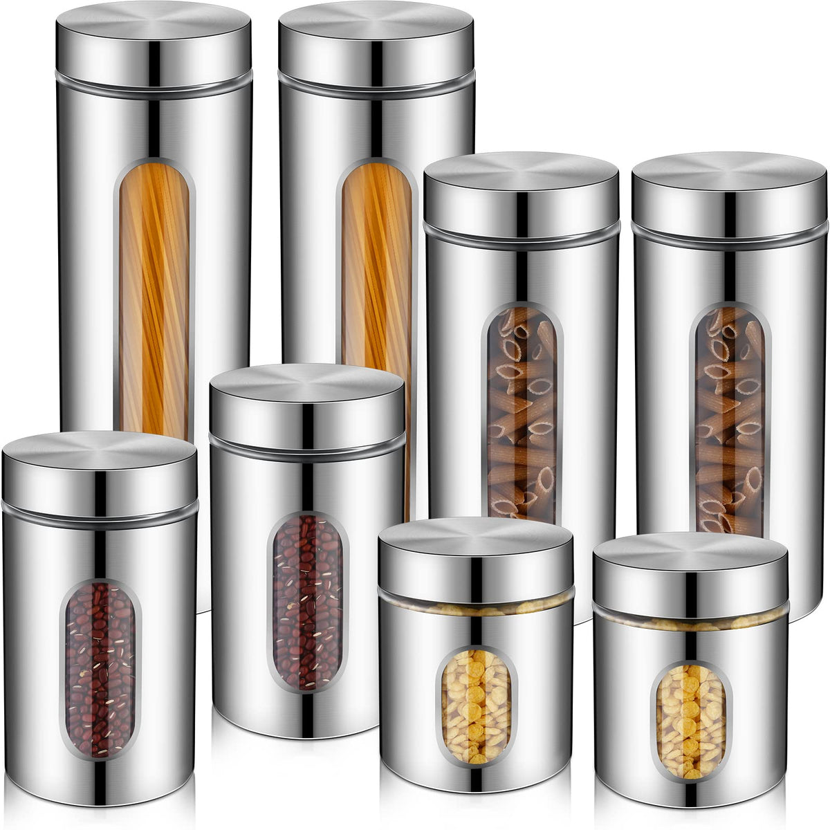 8 Pcs Kitchen Canister Set Stainless Steel Nested Canister Storage Set with Glass Window Airtight Lid Coffee Sugar Tea Storage Jars for Flour Pasta Cookies Spices Grains