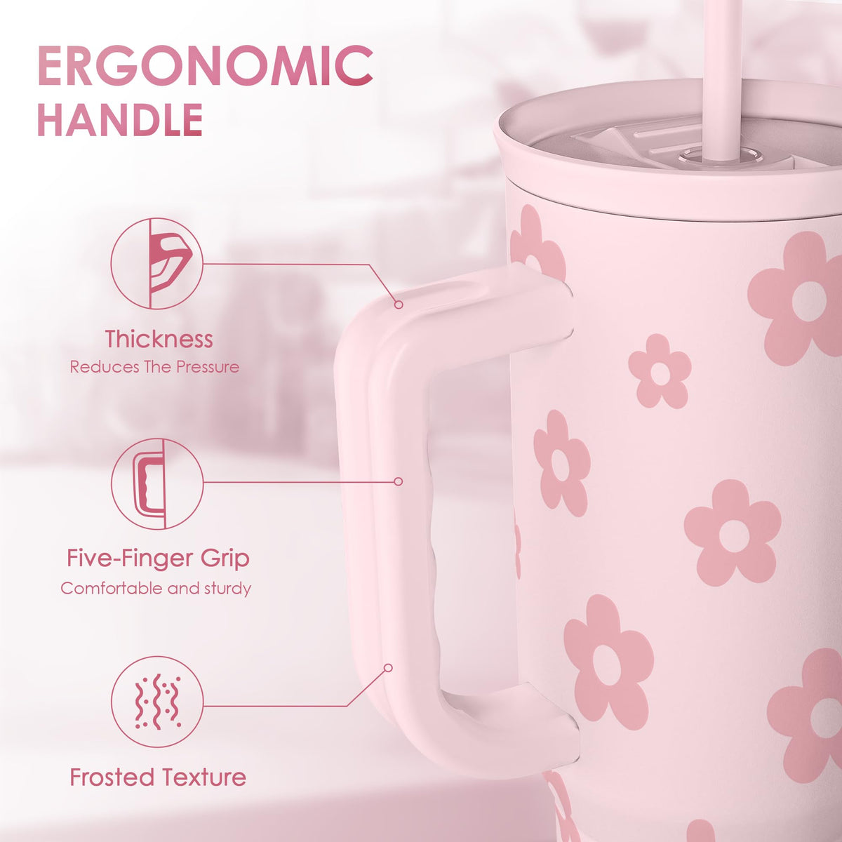 Floral Tumbler with Handle and Straw 40oz Stainless Sleel Slider Tumbler Travel Coffee Mug for Women