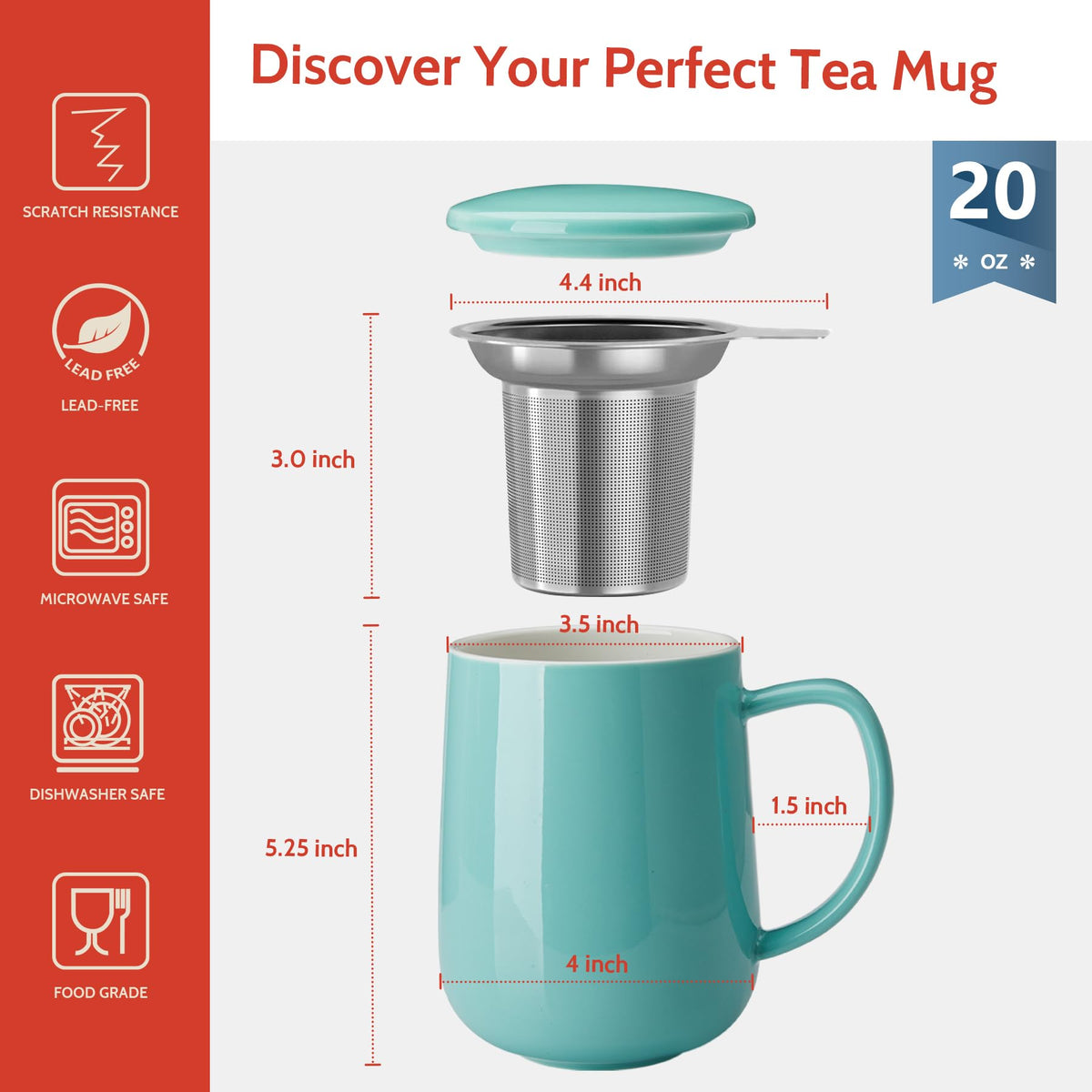 20 OZ Porcelain Tea Mug with Infuser and Lid