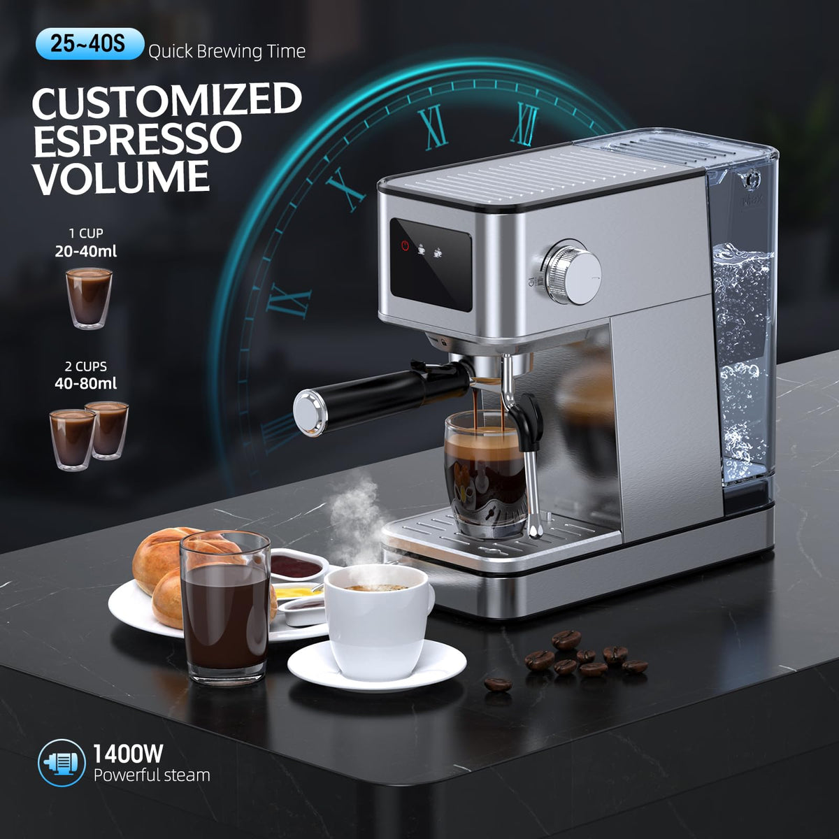 20 Bar Pump Espresso Machine with LED Touchscreen & Steam Wand