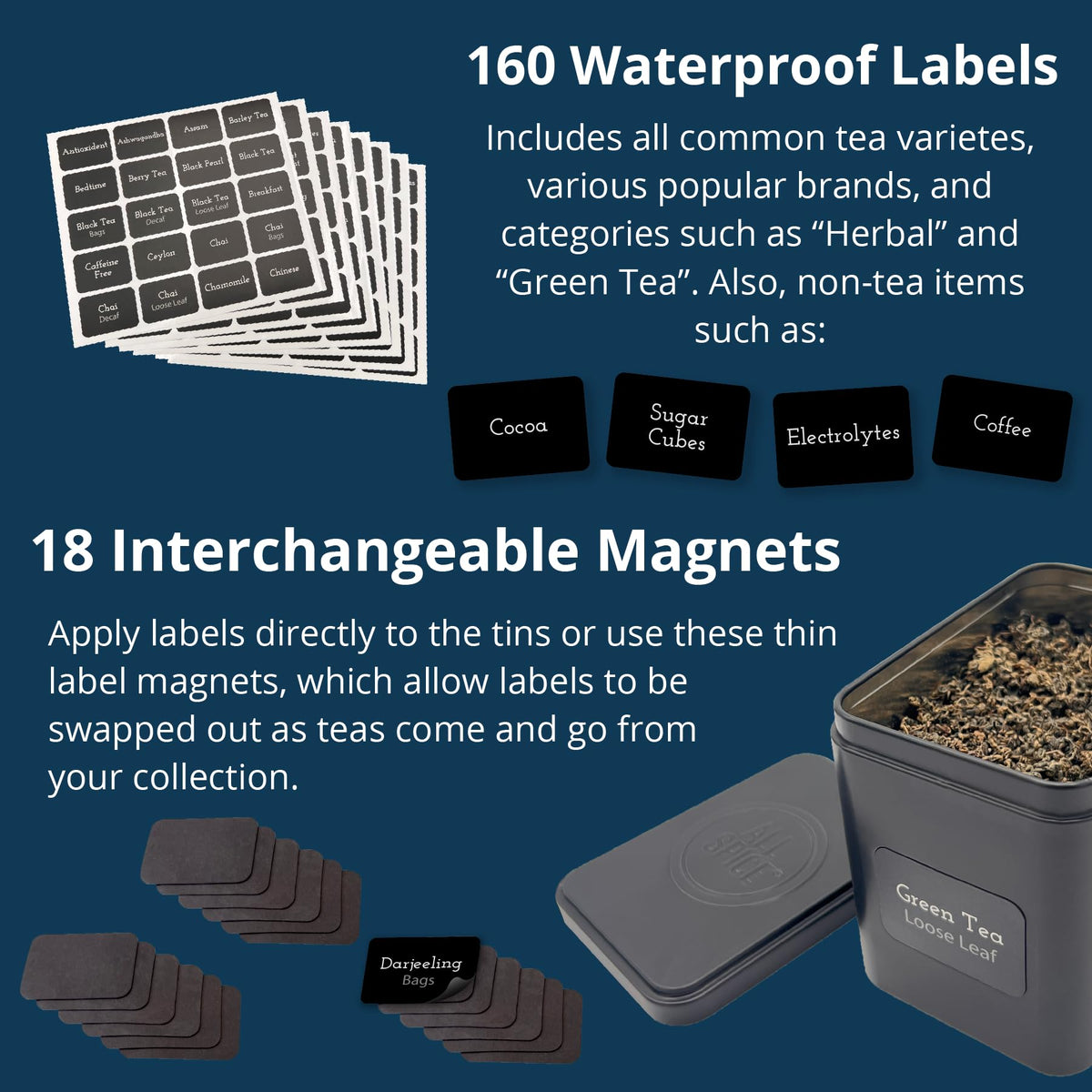Tea Organizer Rack with 9 Tins & 160 Magnetic Labels
