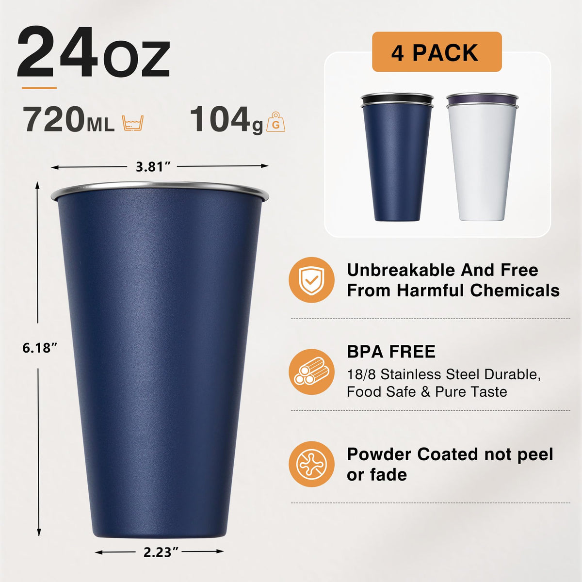 16 Pack 24oz Stainless Steel Pint Cup (16 Count)