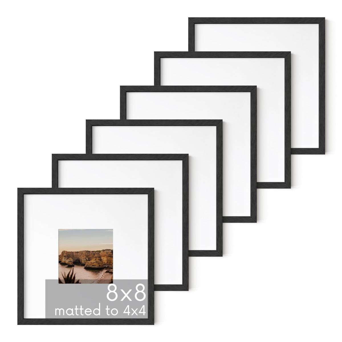 Solid Oak Wood 8”x8” Picture Frames Matted to 4”x4” Set of 6 (6 Count)