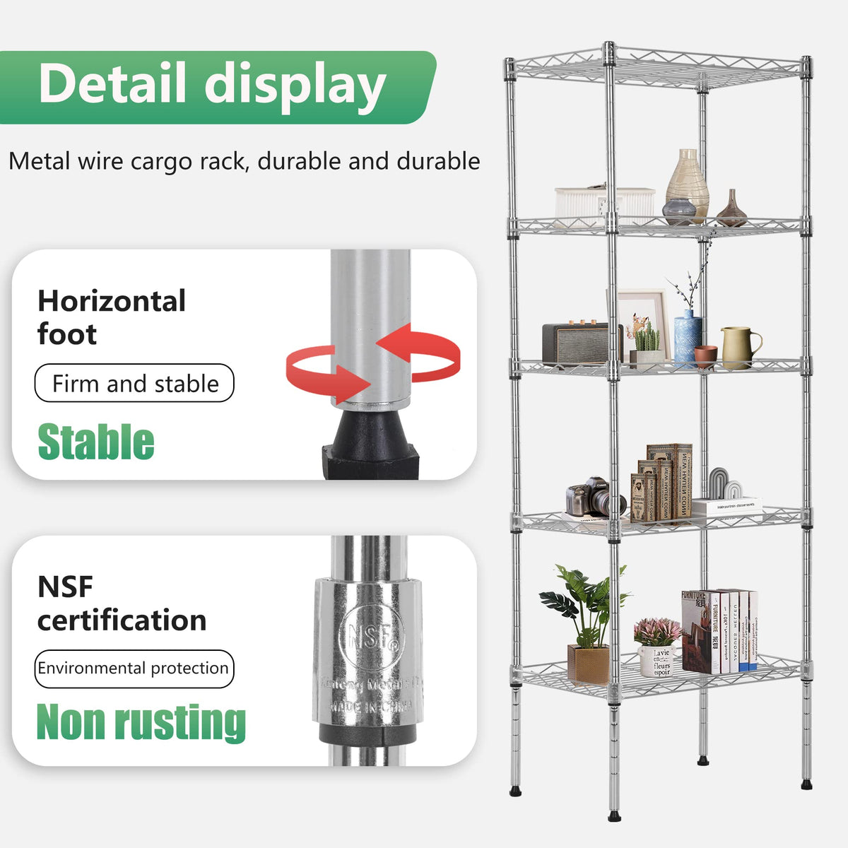 5 Tier Wire Shelving Adjustable Metal Shelves 17L x 12W x 48H NSF Pantry Shelves Storage Rack Shelving Units for Kitchen Garage Small Places Commercial