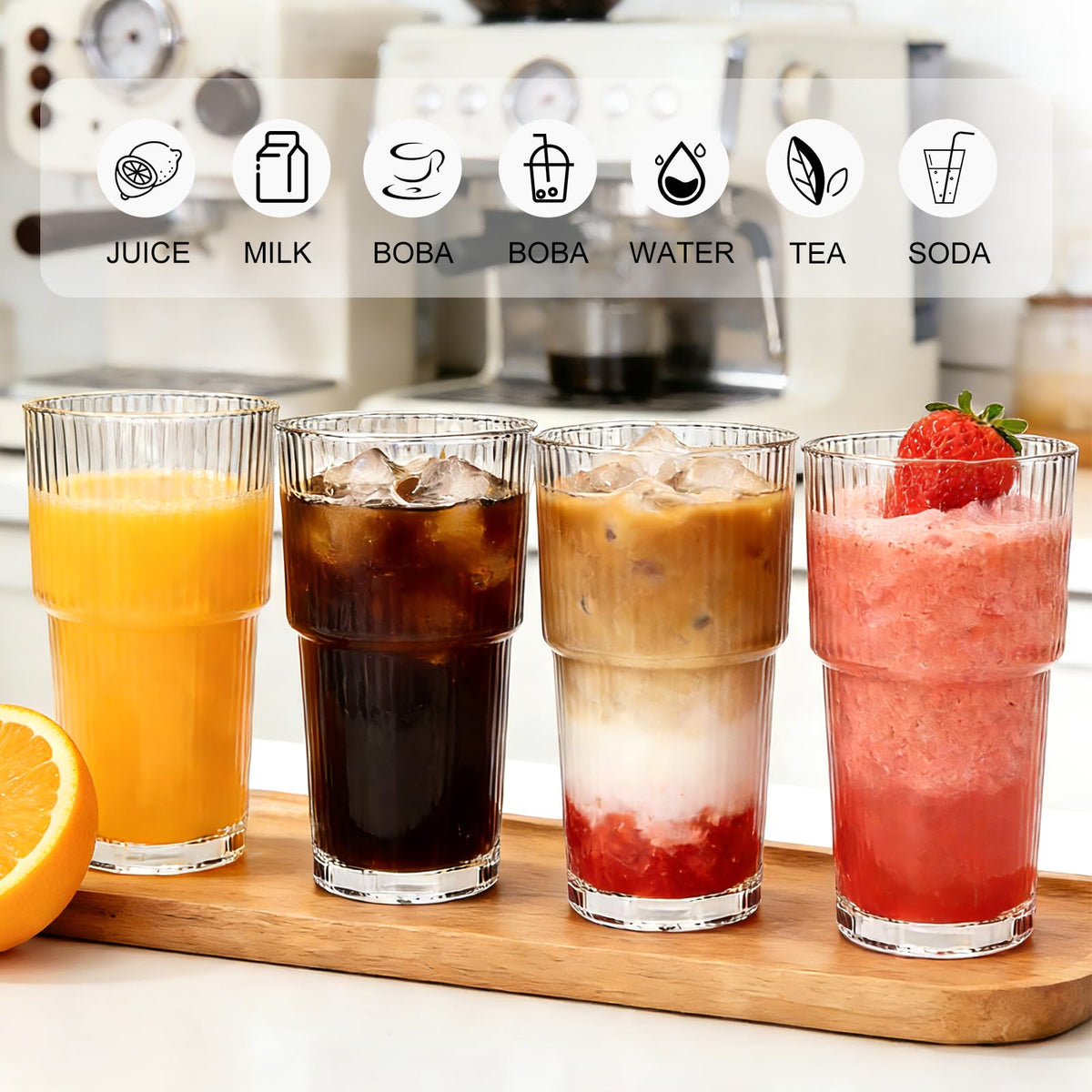 18oz Ribbed Glass Tumbler with Straw and Lid (6 Count)