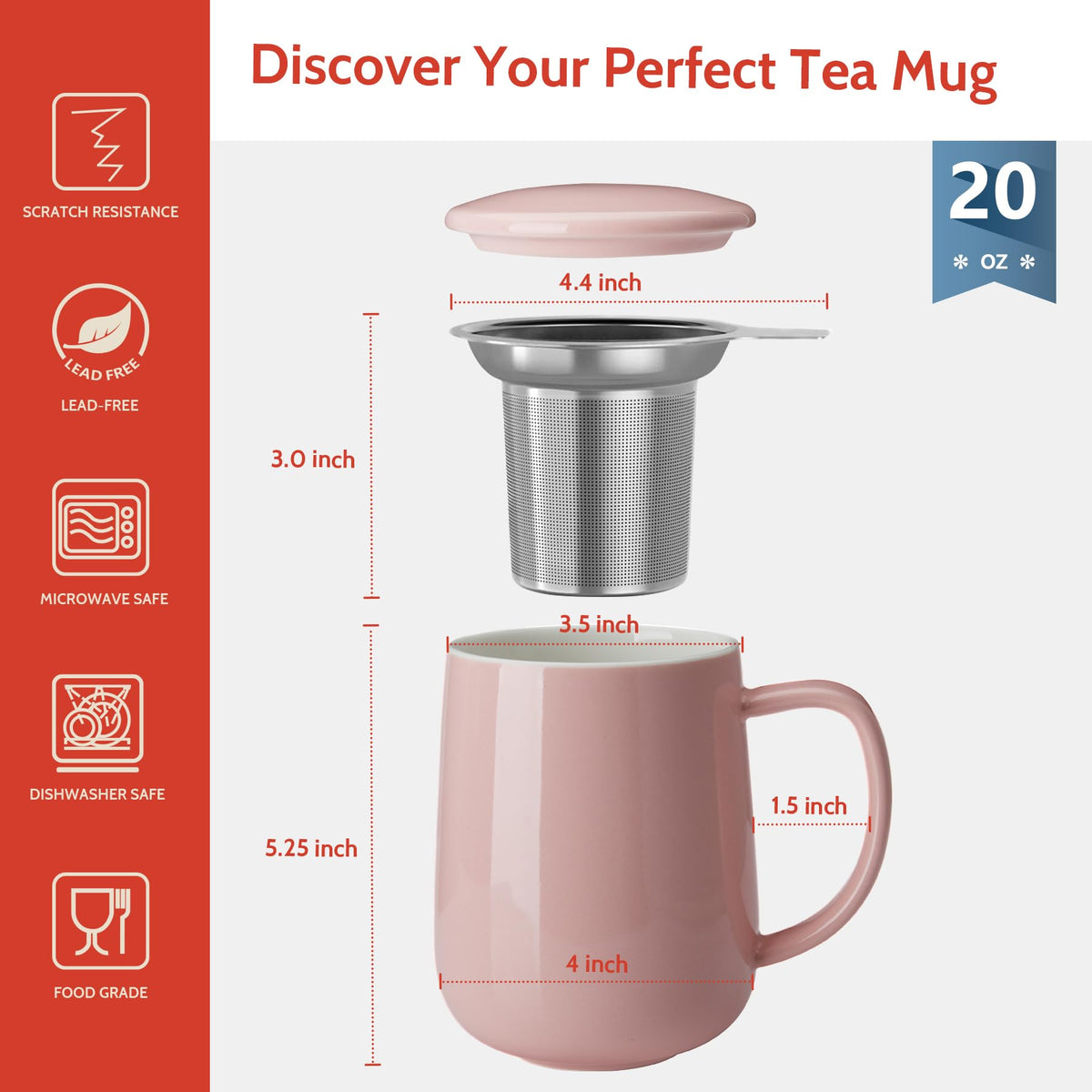 20 OZ Porcelain Tea Mug with Infuser and Lid