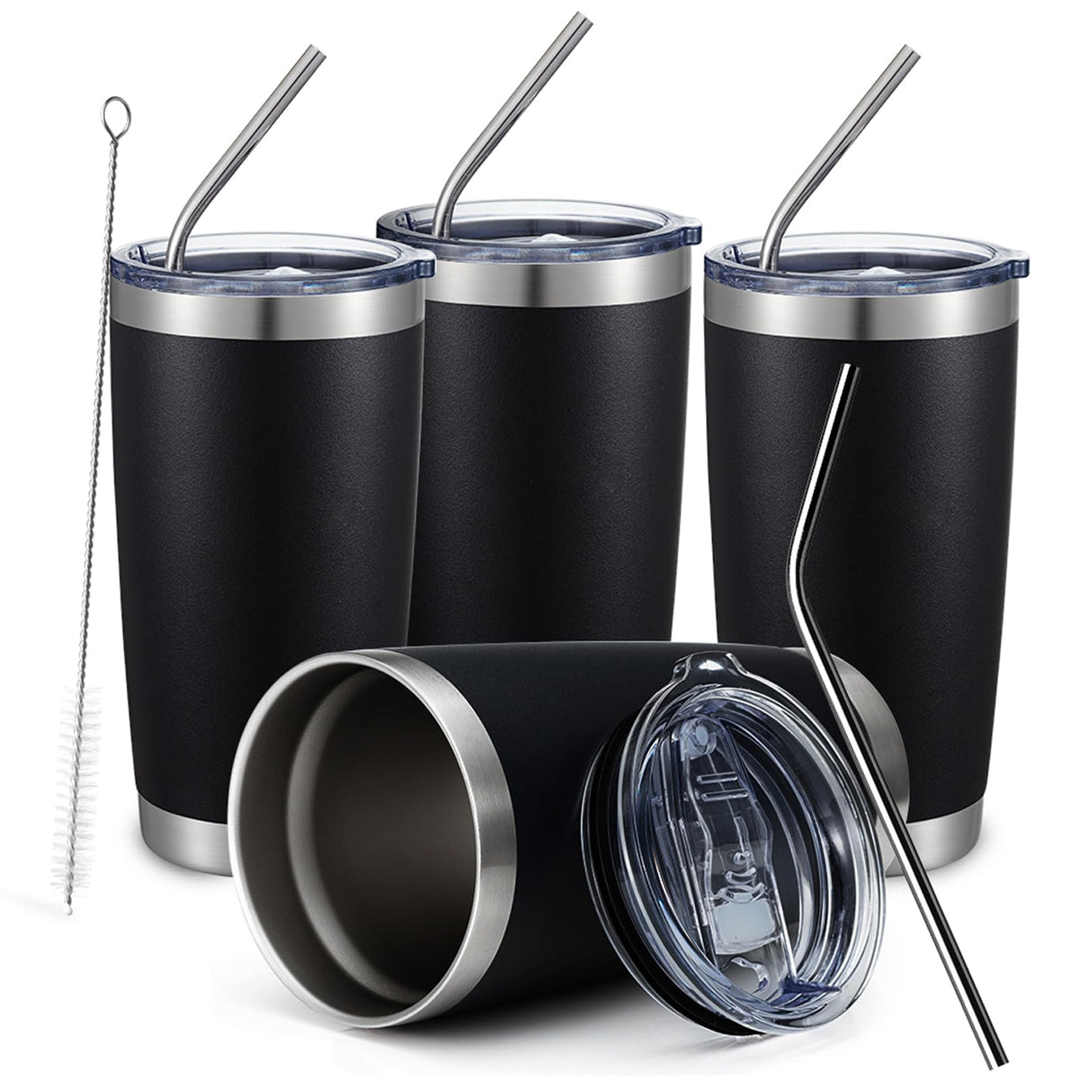 20oz Black Tumbler 4 Pack Stainless Steel Insulated Travel Mug with Lid and Straw Vacuum Double Wall Coffee Cup for Hot Beverage and Cold Drinks (4 Count)