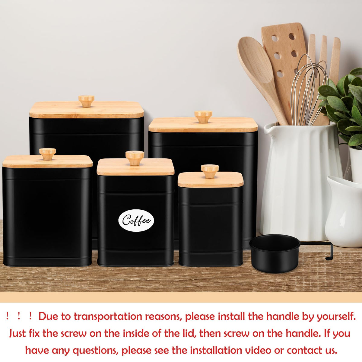 5 Pcs Black Kitchen Canisters for Countertop with Labels Airtight Metal Containers Coffee Tea Sugar Flour Jars with Spoon Farmhouse Big Food Storage Set for Kitchen (5 Count)