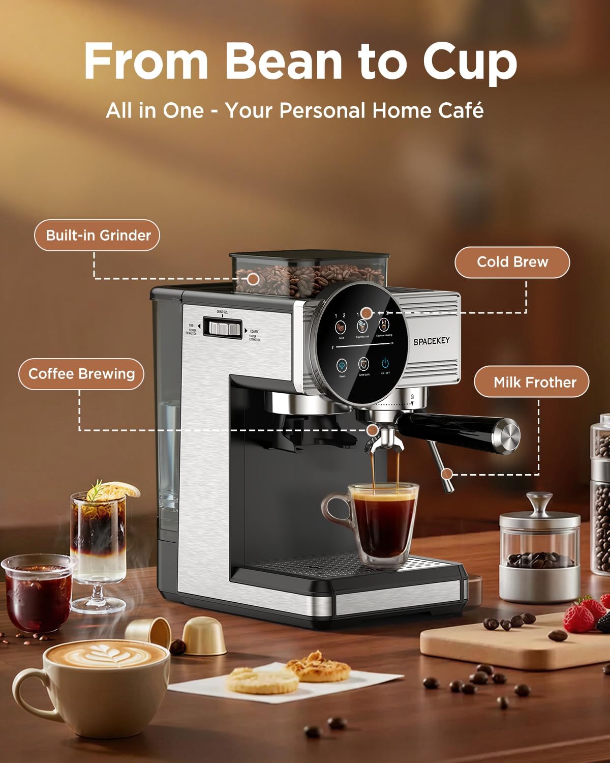 Espresso Coffee Machine with Grinder and Frother