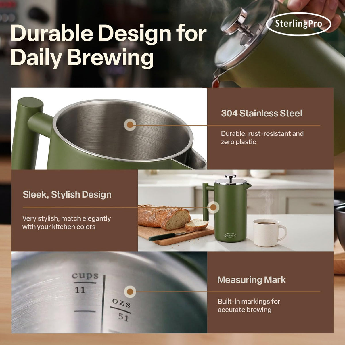 Non Toxic Large Insulated Stainless Steel French Press Coffee Maker 51oz Capacity