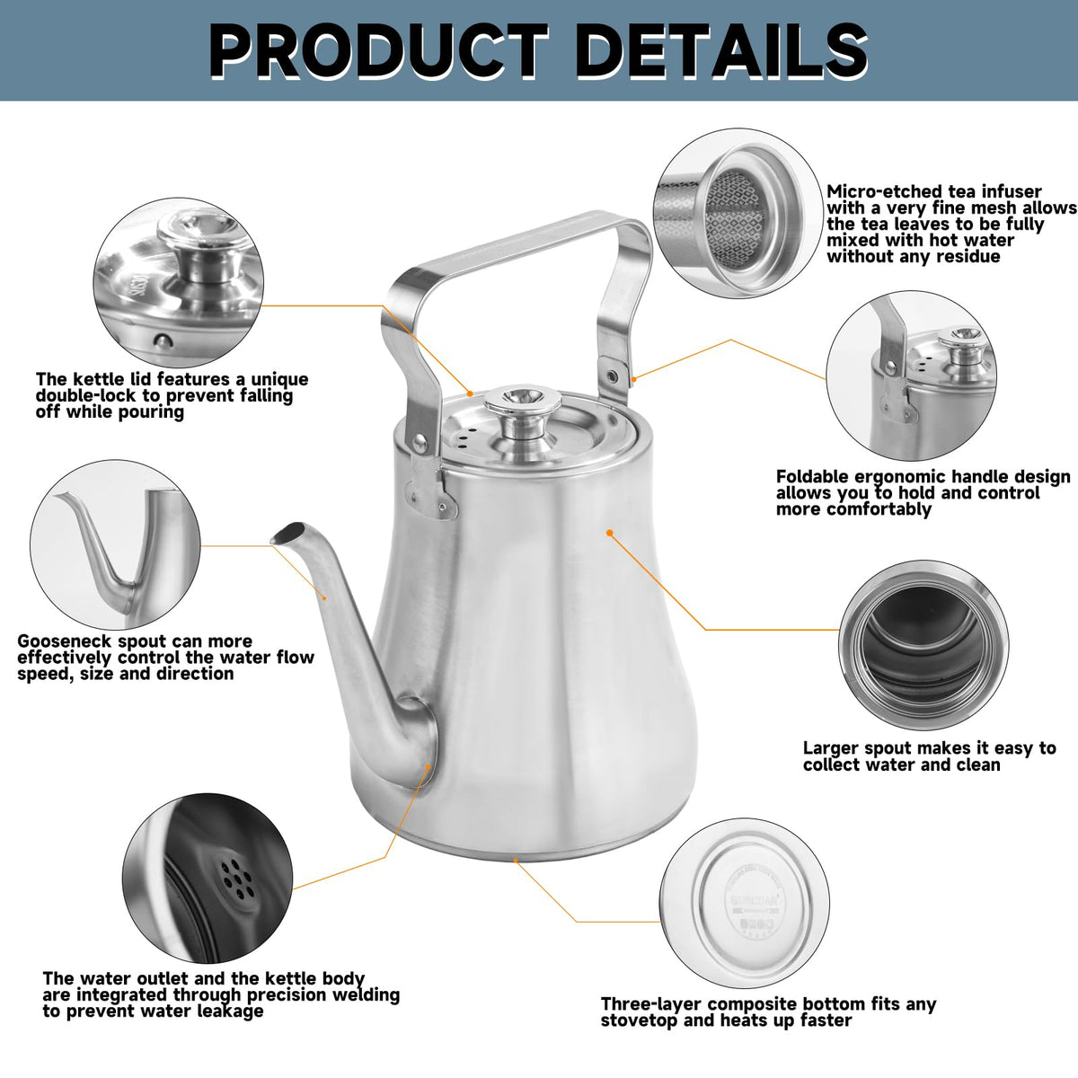 68OZ 2000ML Stainless Steel Teapot with Removable Infuser