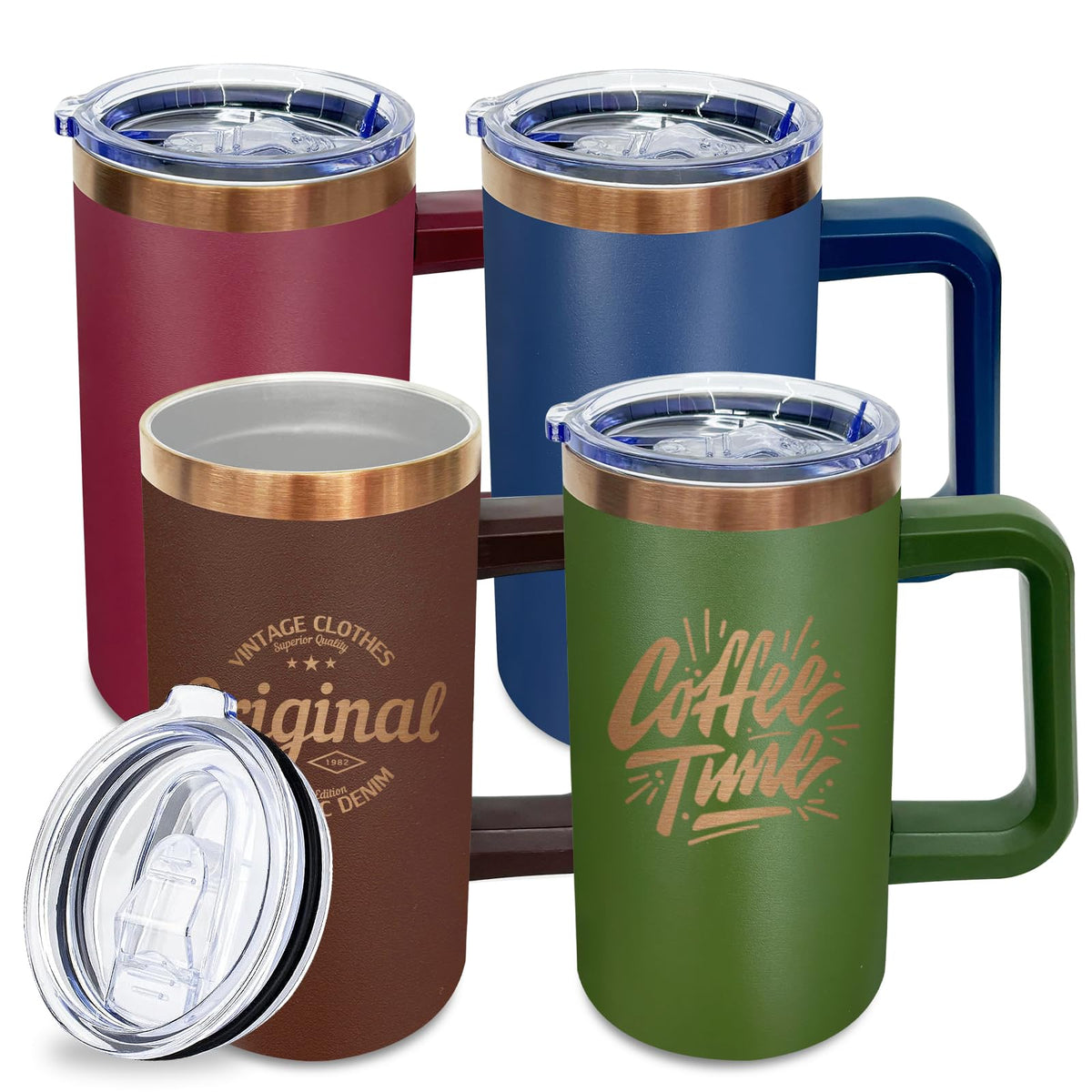 22oz Insulated Coffee Mug Bulk with Handle and Lid Mixed (4 Count)
