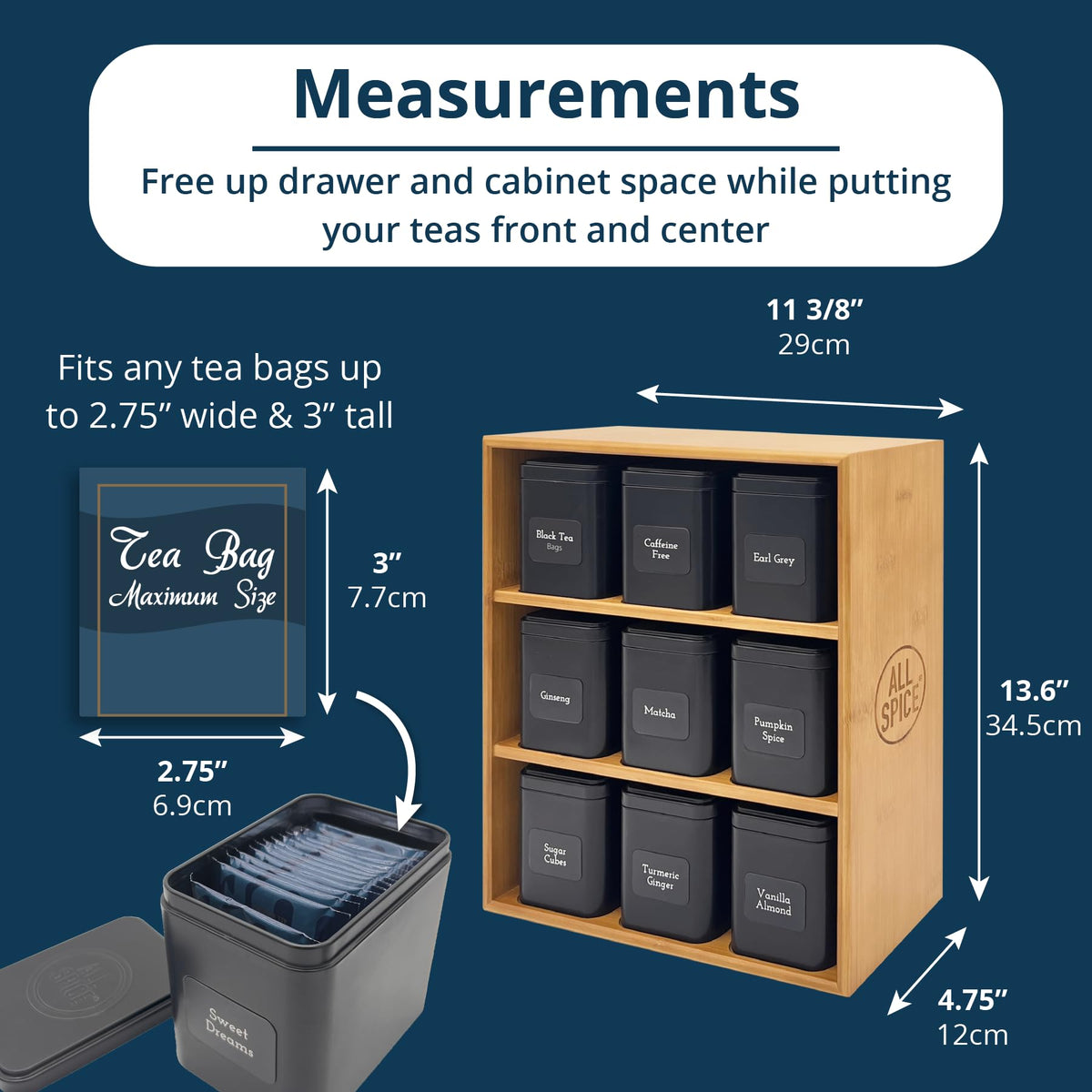 Tea Organizer Rack with 9 Tins & 160 Magnetic Labels