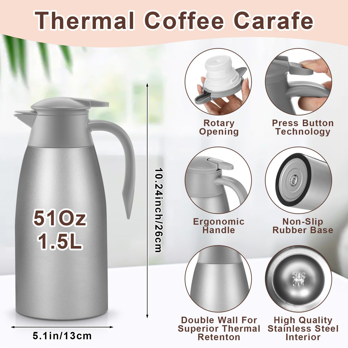 2 Pcs Thermal Coffee Carafe Insulated Stainless Steel Coffee Carafe for Hot Liquid Vacuum Thermal Pot Creamer Pitcher Dispenser with Brushes Keeping Hot Water Milk (2 Count)
