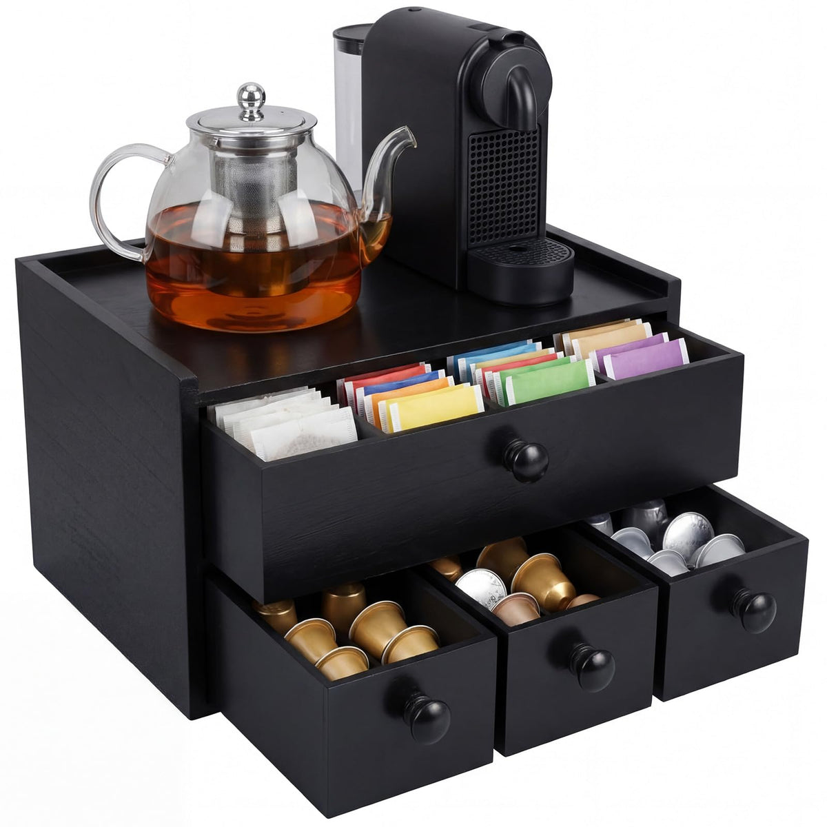 Wooden Tea Box Organizer with Drawer Wooden Coffee Pod Organizer Tea and Coffee Storage Box Double Layer for Countertop Display Cup Drawer Storage Under Brewer