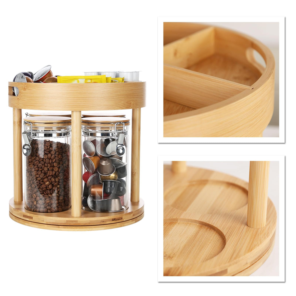 KKC 360° Rotating Tea Bar Organizer with 4 Glass Tea Storage Jars & Bamboo Lazy Susan