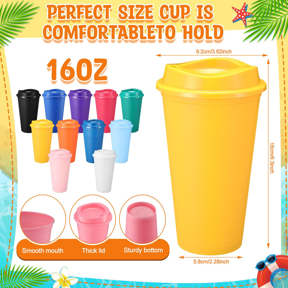 66 Pack 16 oz Reusable Coffee Cups with Lids Water Bottle Iced Coffee Travel Mug Portable Plastic Tea Tumblers Bulk for Hot and Cold Drinks Birthdays Party (66 Count)