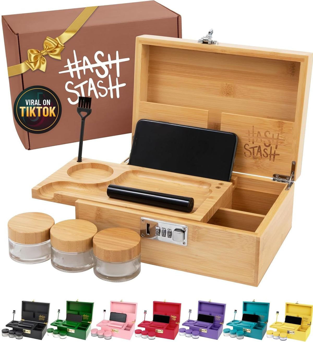 OG Large Bamboo Storage Box with Combination Lock & 3 Jars