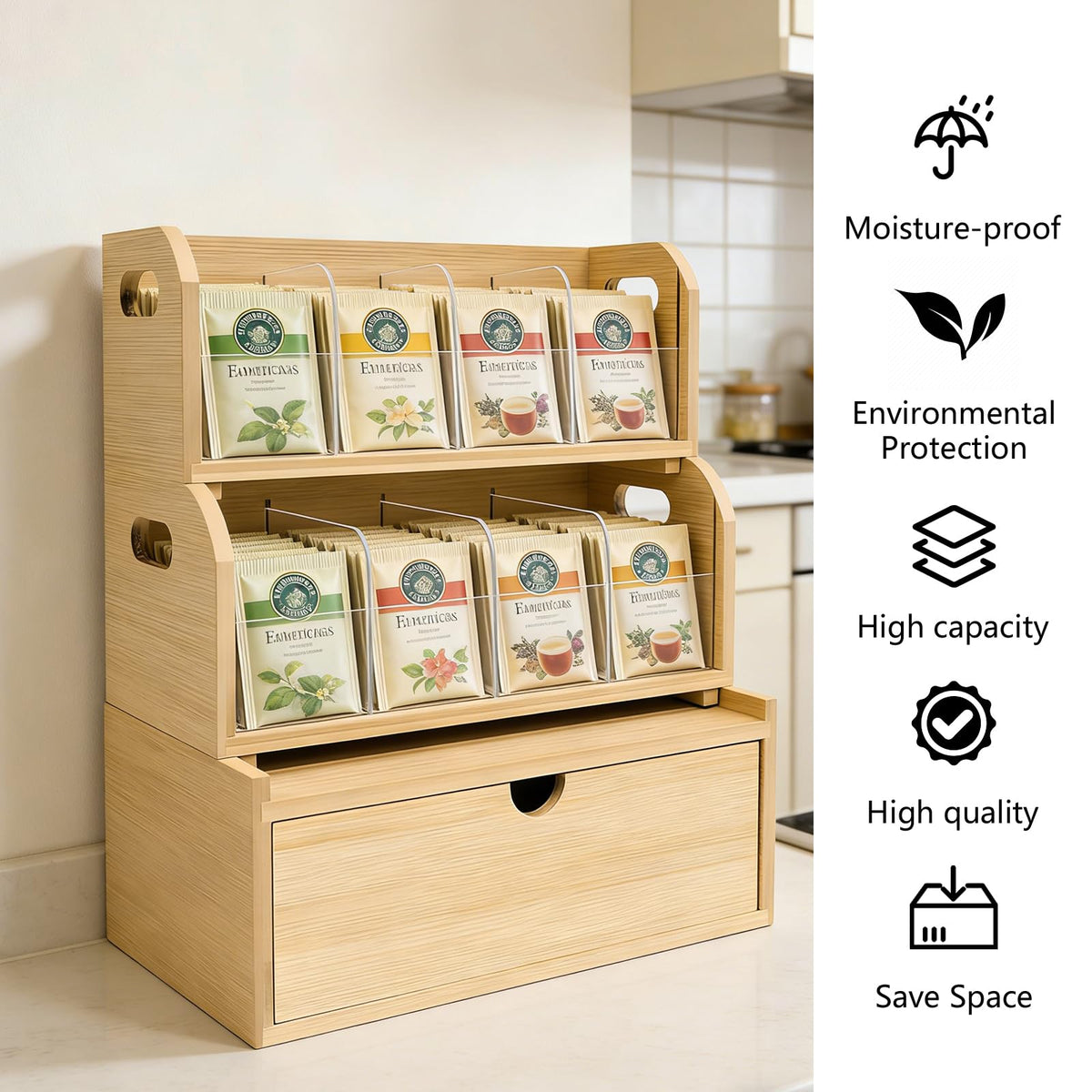 3 Layer Stackable Bamboo Tea Bag Organizer with Drawer