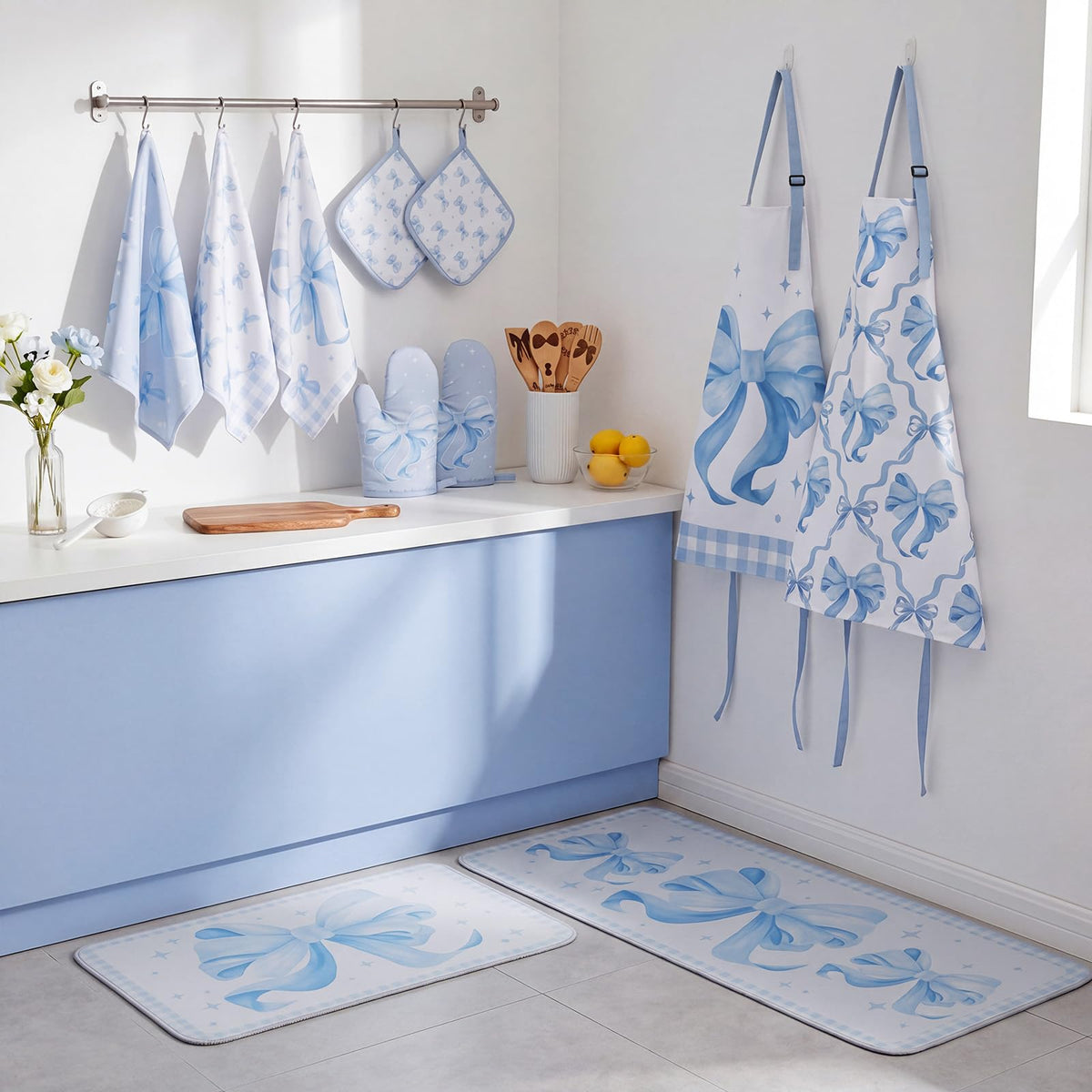 17 Pcs Blue Bow Kitchen Decor and Accessories Blue Bow Kitchen Rug and Mat Oven Mitts and Pot Holders Apron Dish Towels Cute Wooden Spoons for Home Decor Housewarming Gifts (17 Count)