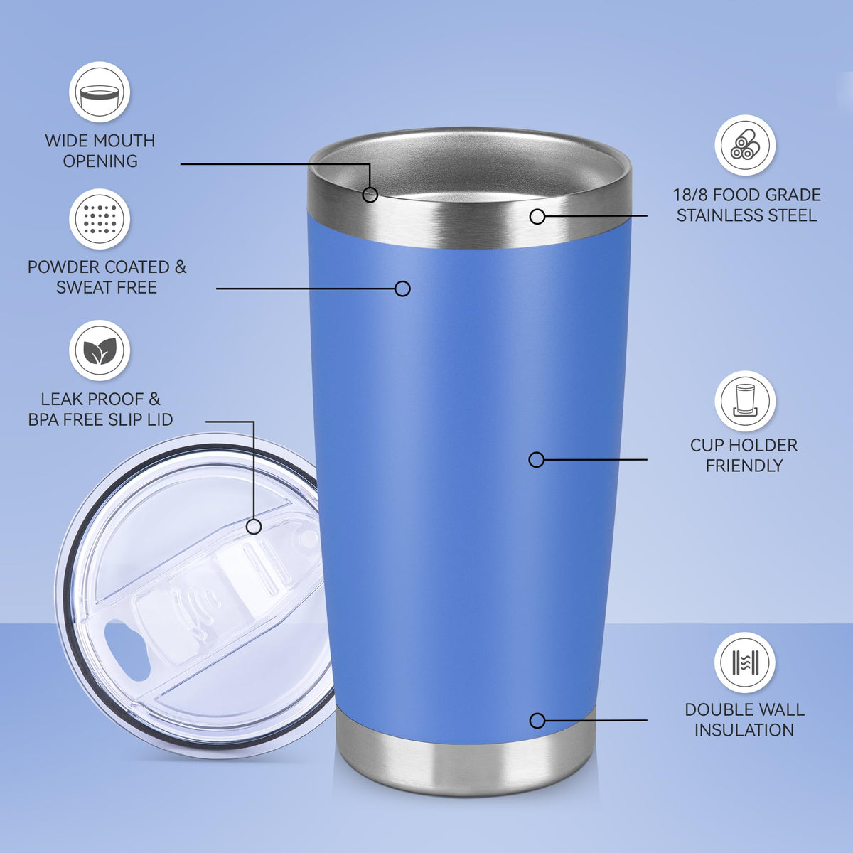 20 oz Tumbler Stainless Steel Tumblers Bulk with Lid Double Wall Insulated Coffee Tumbler Cups for Hot & Cold Drinks Powder Coated Travel Coffee Tumbler Mug Metal (12 Count)