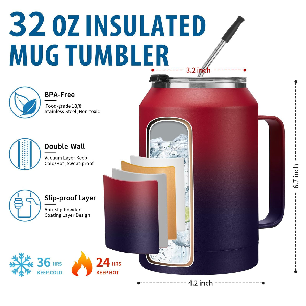 Stainless Steel Coffee Cup 32 oz Mug Tumbler