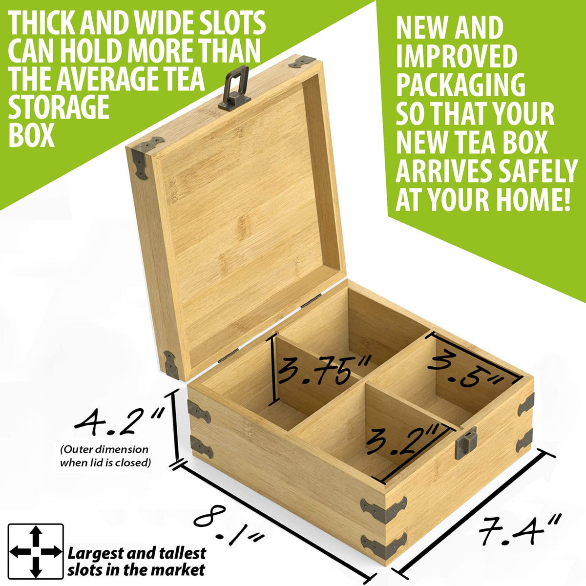 Tea Organizer Box 7.4" x 8.1" x 4.2" Bamboo Wood Organizer Storage Chest 4 Tall Adjustable Slots 100% Handmade Eco