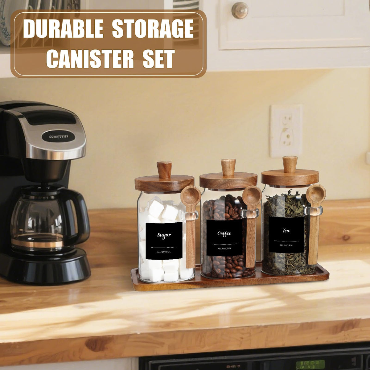 3 Pcs Glass Coffee Container Wood Lid (3 Count)