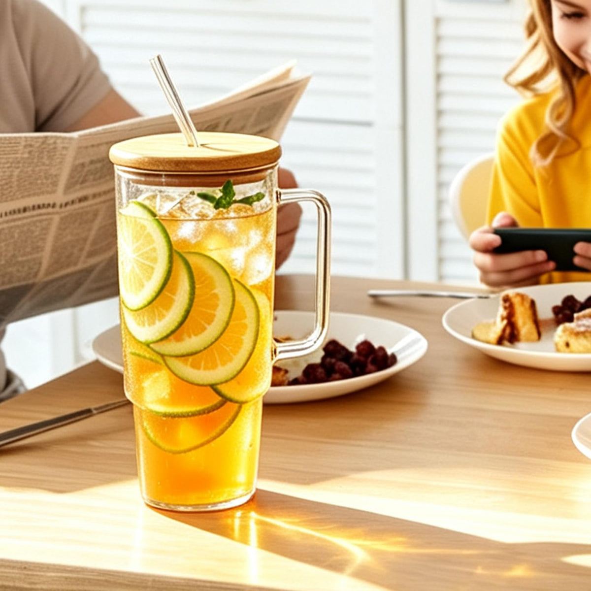 Glass Cup with Handle 49oz Tumbler with Straw and Lid