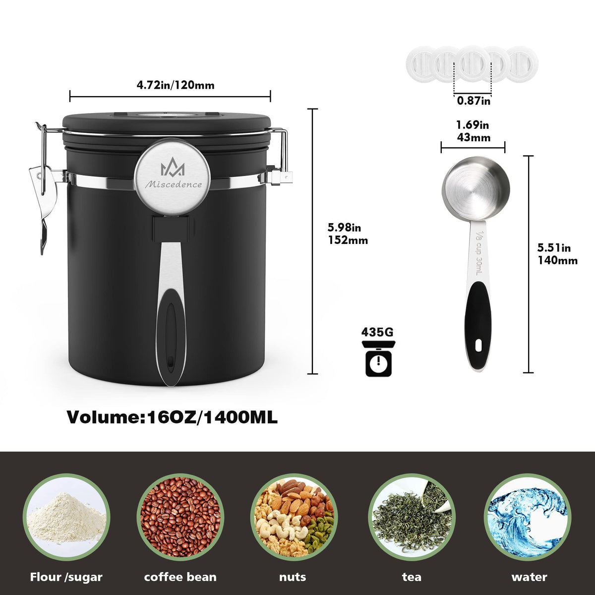 Coffee canister for ground coffee with Scoop Date Tracker One Way Co2 Valve 304 Stainless Steel Kitchen Food Airtight storage container for Coffee Beans