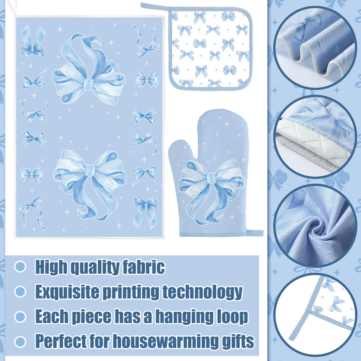 17 Pcs Blue Bow Kitchen Decor and Accessories Blue Bow Kitchen Rug and Mat Oven Mitts and Pot Holders Apron Dish Towels Cute Wooden Spoons for Home Decor Housewarming Gifts (17 Count)