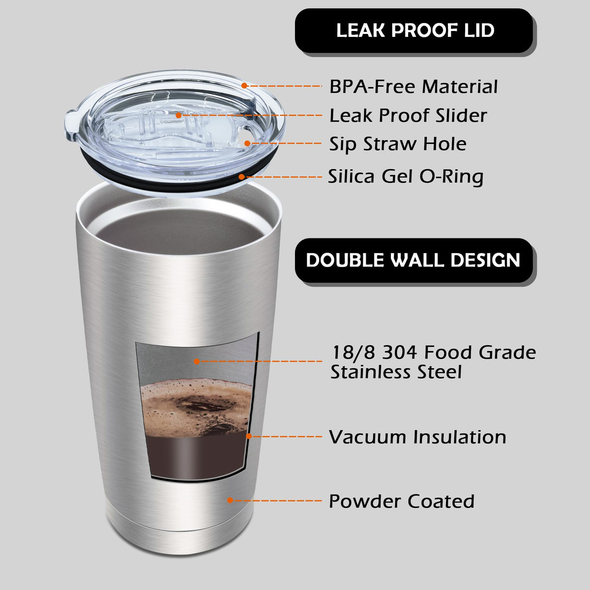 20oz Tumbler with Lid Stainless Steel Tumblers Insulated Mug SS 6P (6 Count)