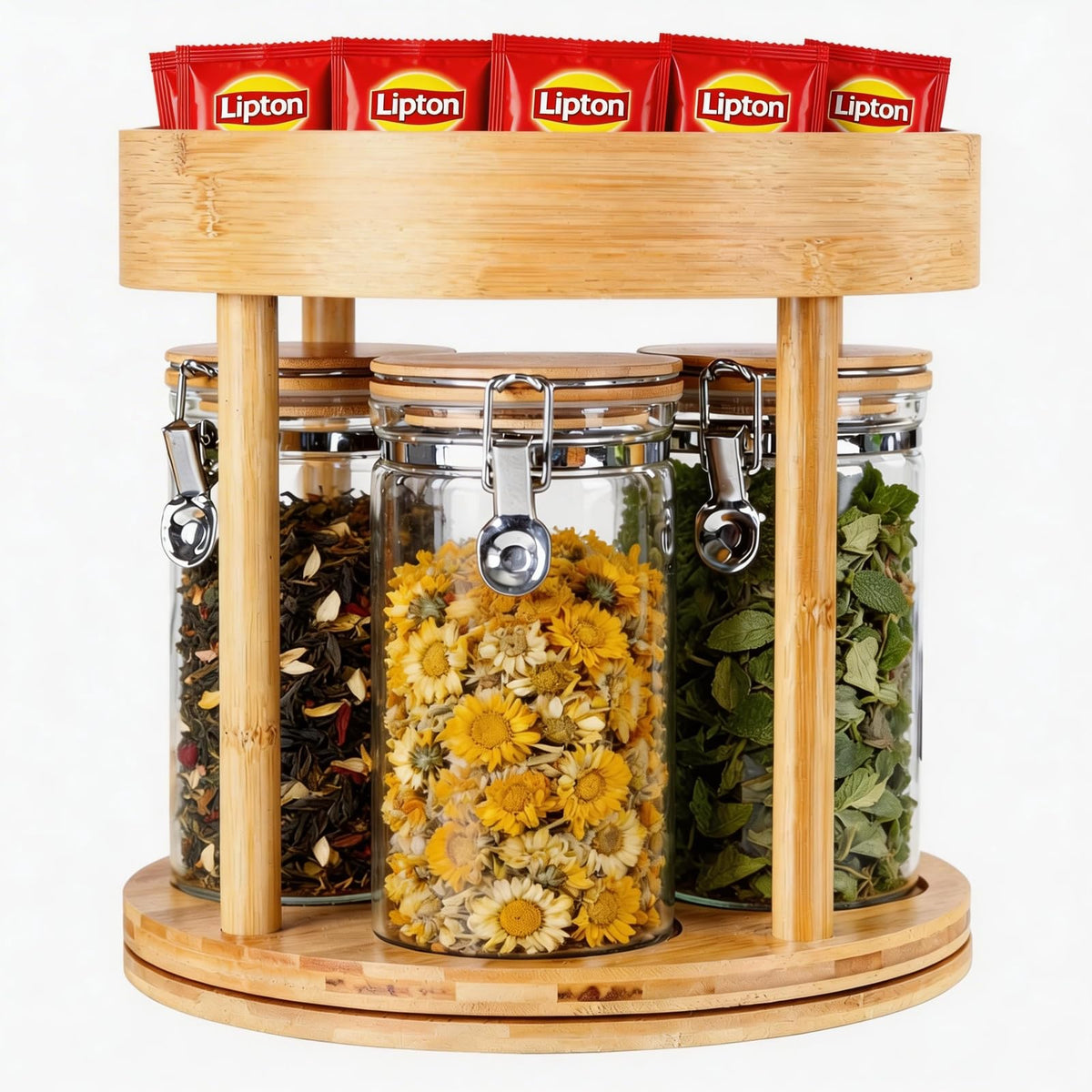 KKC 360° Rotating Tea Bar Organizer with 4 Glass Tea Storage Jars & Bamboo Lazy Susan