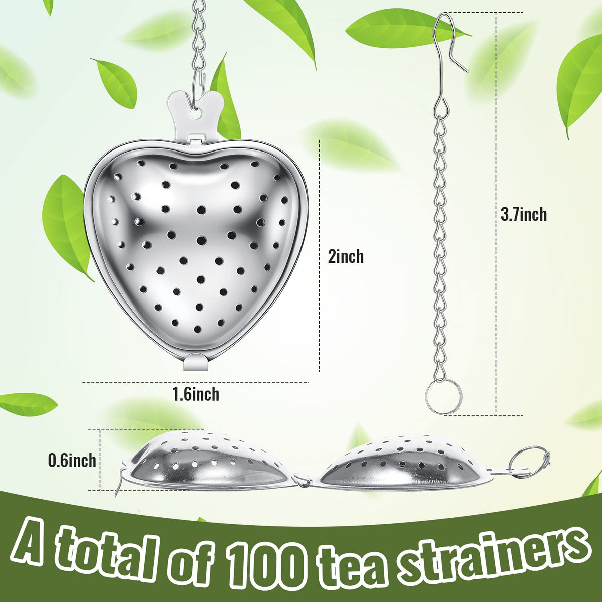 100 Pcs Tea Strainer Stainless Steel Tea Ball Infuser Loose Leaf Tea Steeper Tea Interval Diffuser Heart Shape Mesh Tea Filters with Extended Chain Hook for Seasonings Cup Bottle
