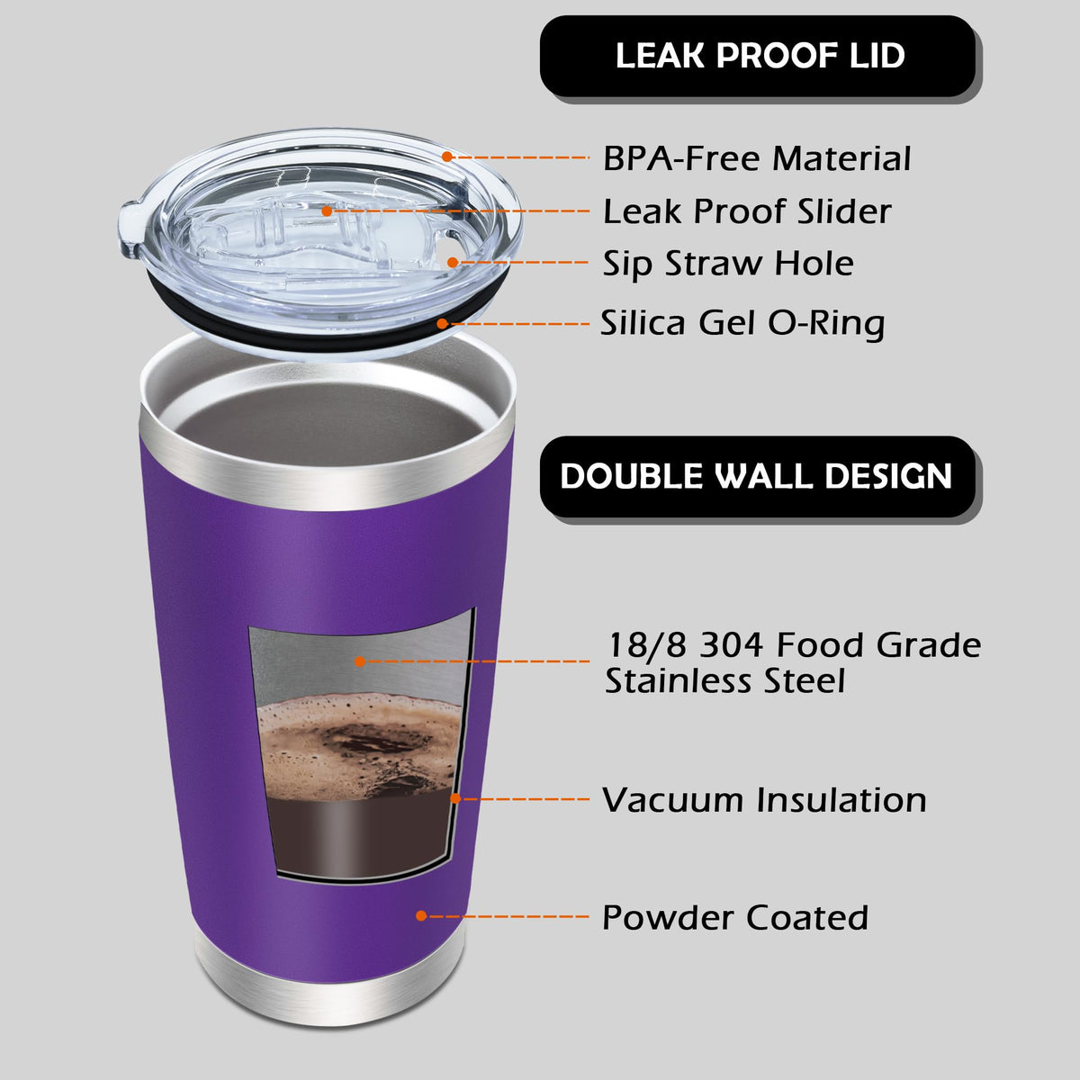 20oz Tumbler with Lid Stainless Steel Tumblers Insulated Mug Purple 12P