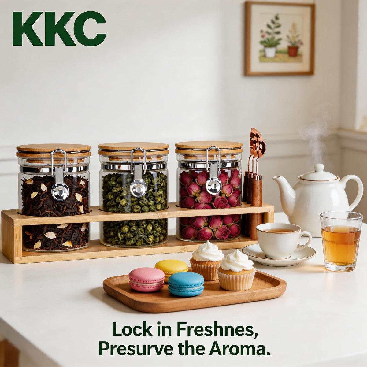 KKC Glass Tea Canister Set of 3 with Bamboo Lids & Spoons